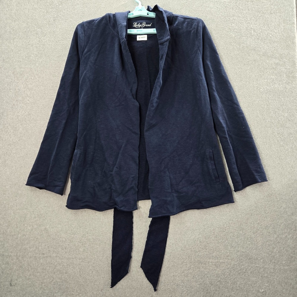 Lucky Brand Women Sweater Medium Blue‎ Terry Hooded Cardigan Belted Open Front